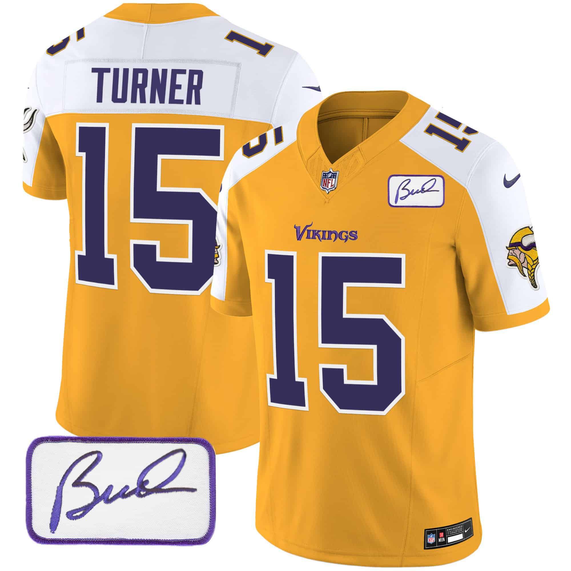 Men Minnesota Vikings 15 Turner Yellow 2024 Nike Bud Grant Patch Classic Limited NFL Jersey